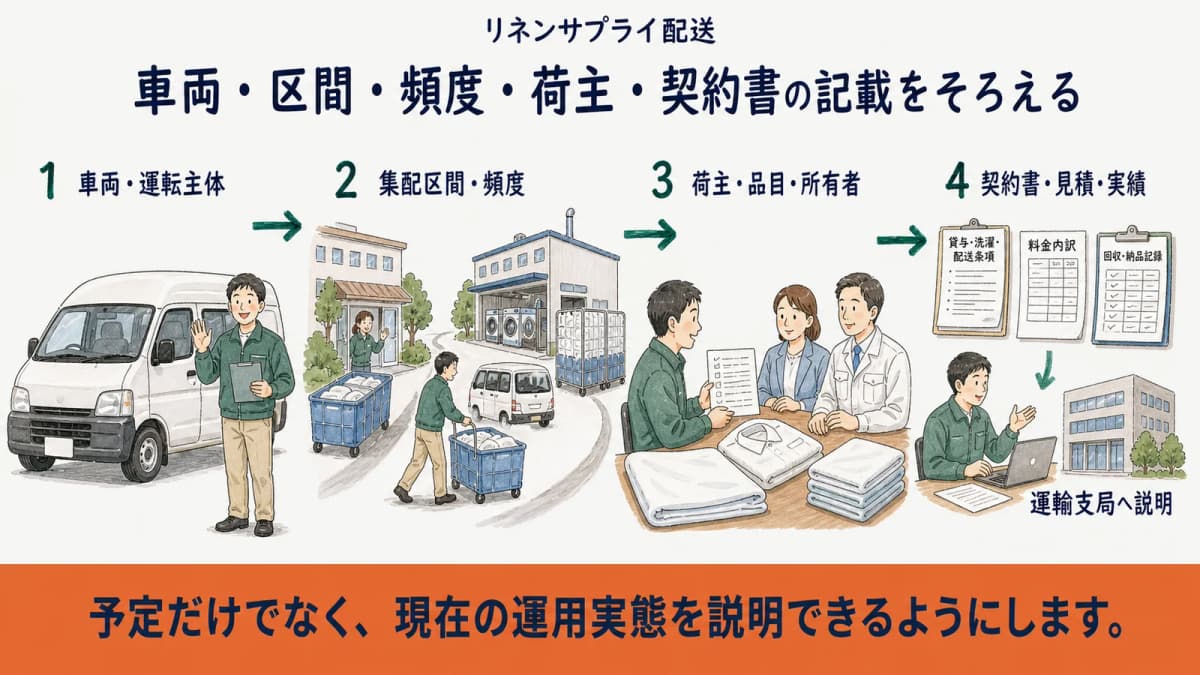 白ナンバー集配車の車両・区間・荷主・契約書を確認メモへそろえる図