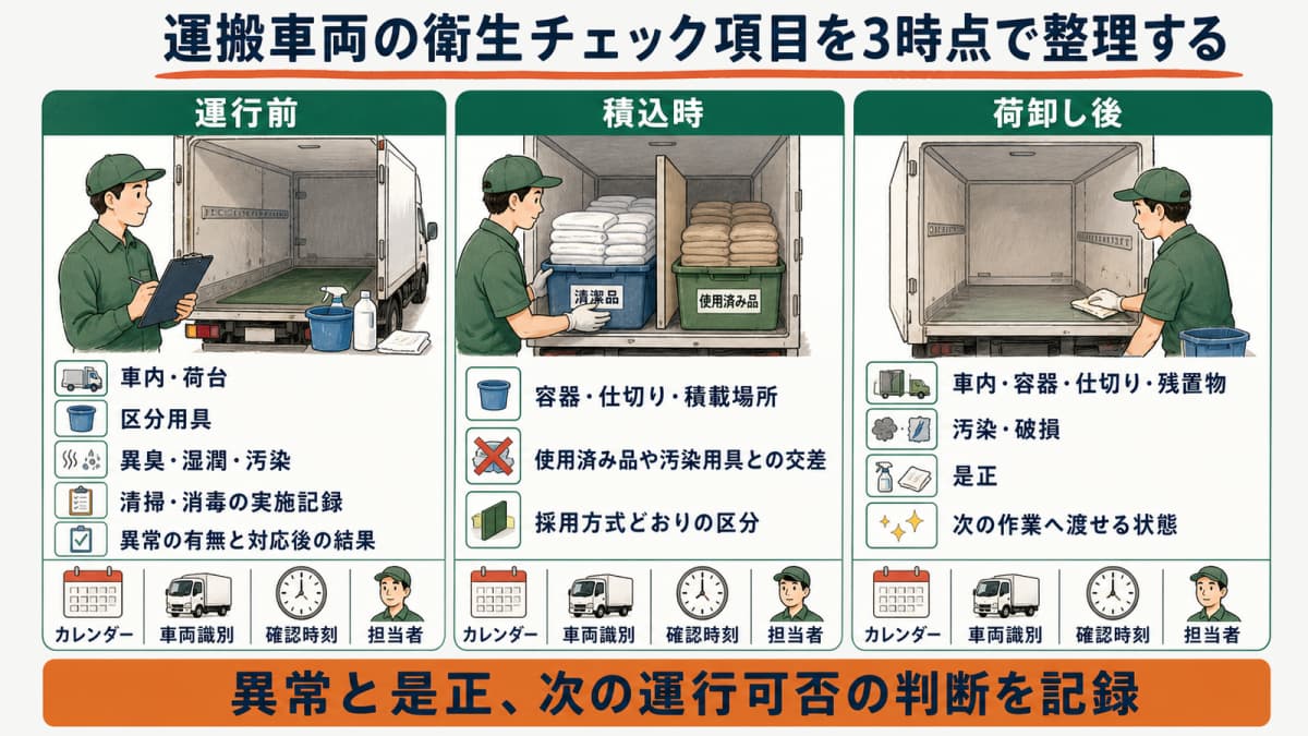運行前・積込時・荷卸し後の確認項目と完了条件を示すチェック表