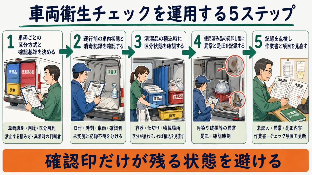 区分方式の決定から記録点検までを示す車両衛生チェックの5ステップ