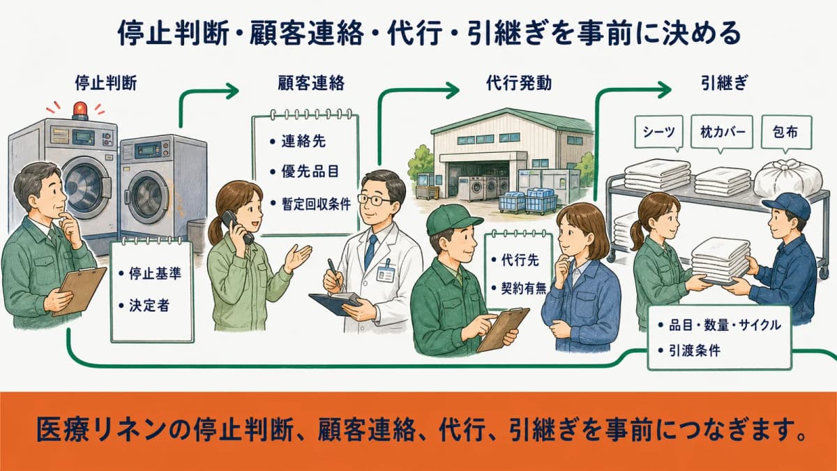 医療用シーツの工場停止判断から病院連絡・代行洗濯・引継ぎまでの全体像