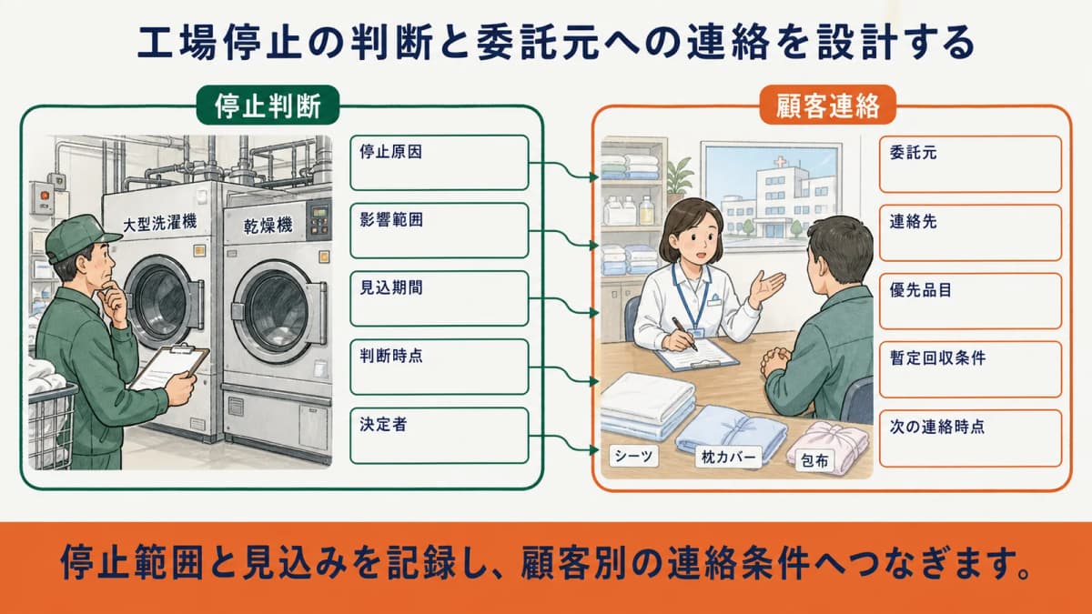 大型洗濯機の停止範囲を確認して病院への連絡内容を整理する図