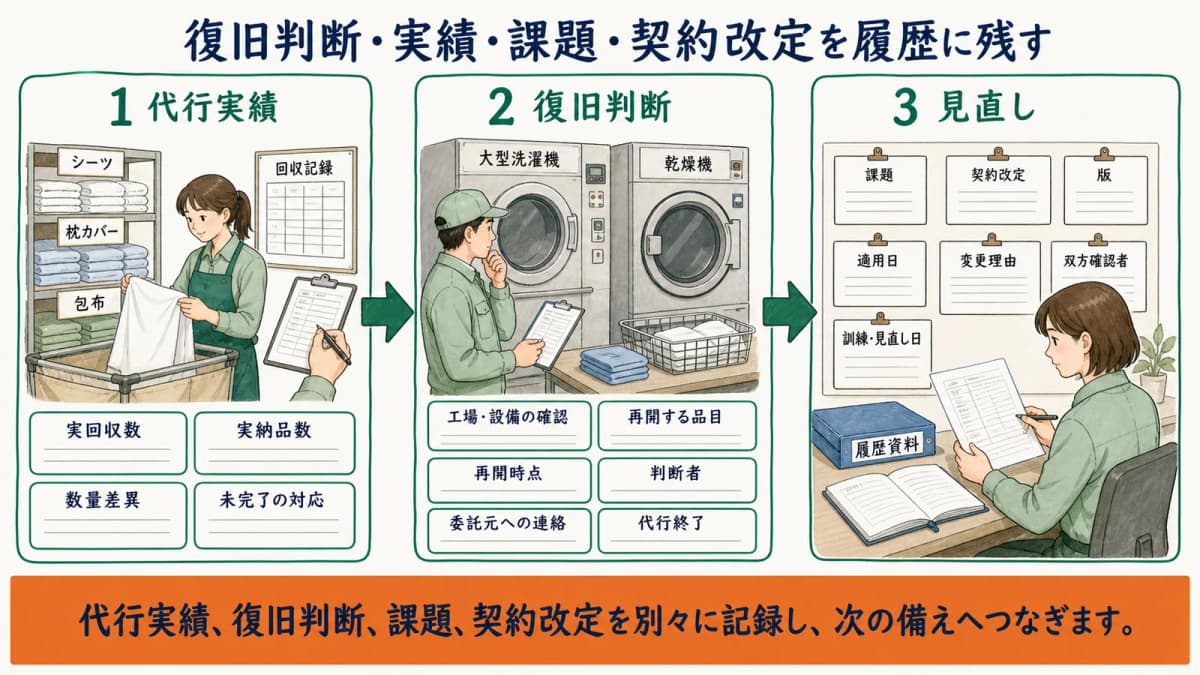 代行実績から工場復旧判断・契約切戻し・BCP見直しへつなぐ図