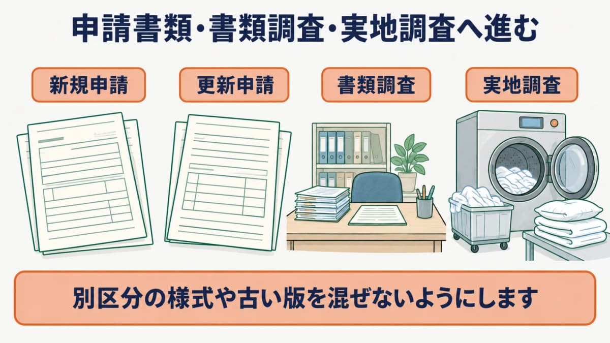 たたんだリネンと申請書類を新規・更新・書類調査・実地調査へ並べる図