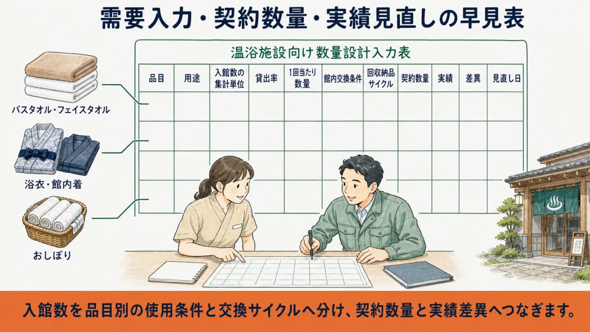 温浴施設の入館情報をタオル・館内着・サウナマットの契約数量へ分解する全体像