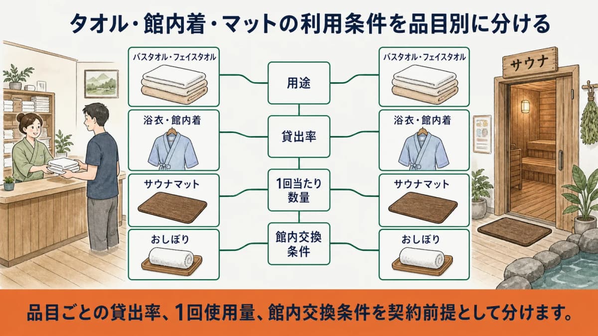 タオル・館内着の貸出条件と回収・納品サイクルを組み合わせる図