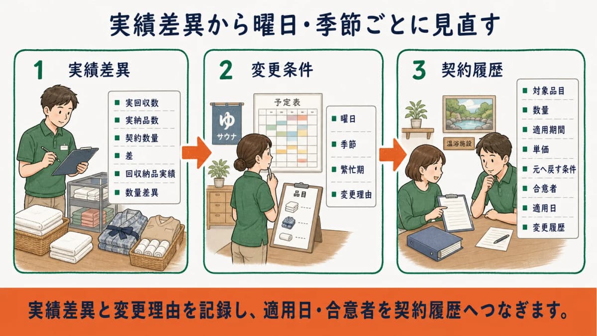 タオル・館内着の数量変更理由と適用日を契約履歴へつなぐ図
