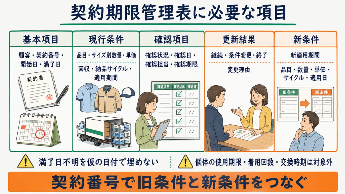 顧客・契約番号・満了日と旧新条件・適用日・確認状況を分けた更新管理表レイアウト