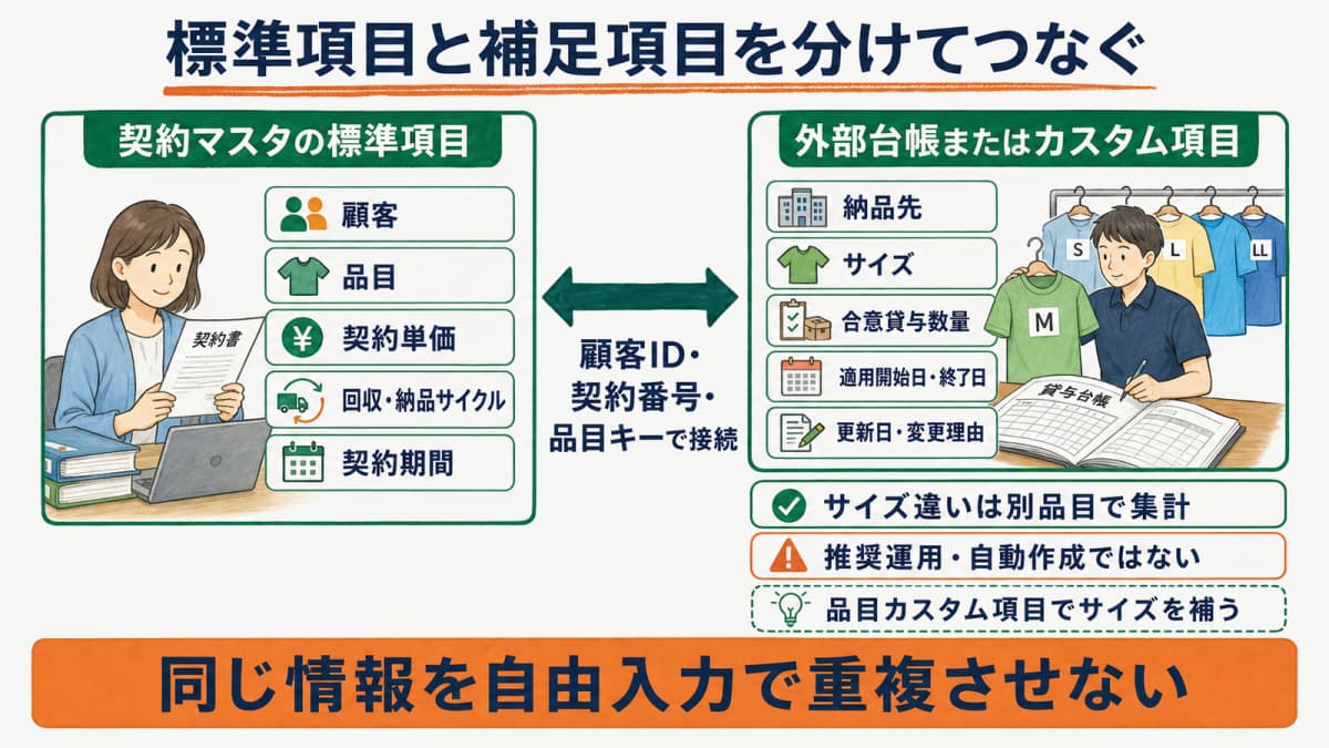 契約マスタの標準項目と外部貸与台帳または契約カスタム項目で補う項目の配置図