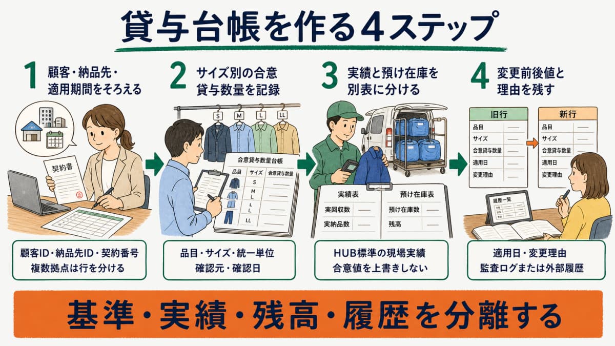 既存契約の整理からサイズ別数量の記録・実績分離・変更証跡までの4ステップフロー