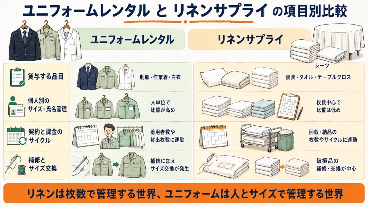 ユニフォームレンタルとリネンサプライの項目別比較表