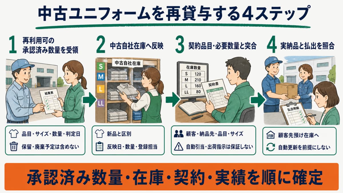 工場等の再利用可判定後から中古自社在庫への反映・契約突合・実納品までの4ステップ