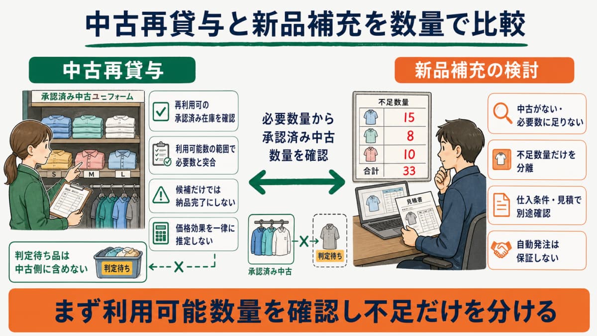 承認済み中古在庫の有無と不足数量によって再貸与・新品補充を分ける判断表