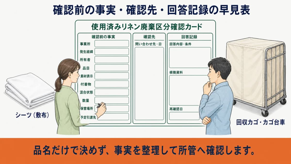 使用済みタオルの発生状況を整理して自治体等へ確認し回答を記録する全体図