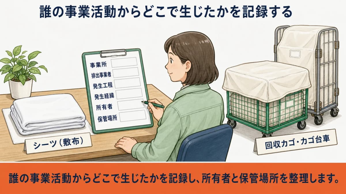 使用終了品の発生場所・所有者・品目・数量を現物と記録で確認する図